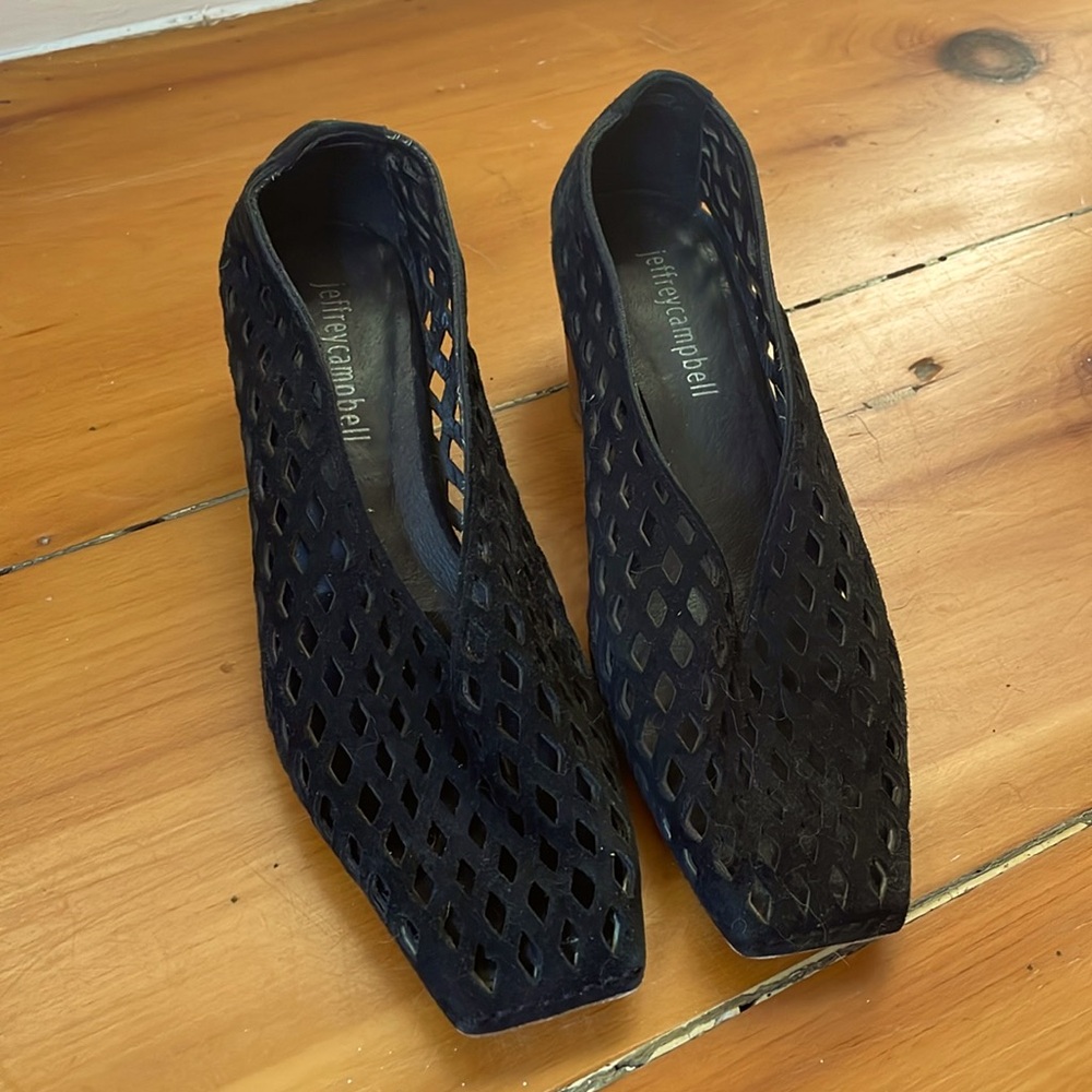 Jeffrey Campbell - stacked heels - square toe - black suede - perforated pattern
